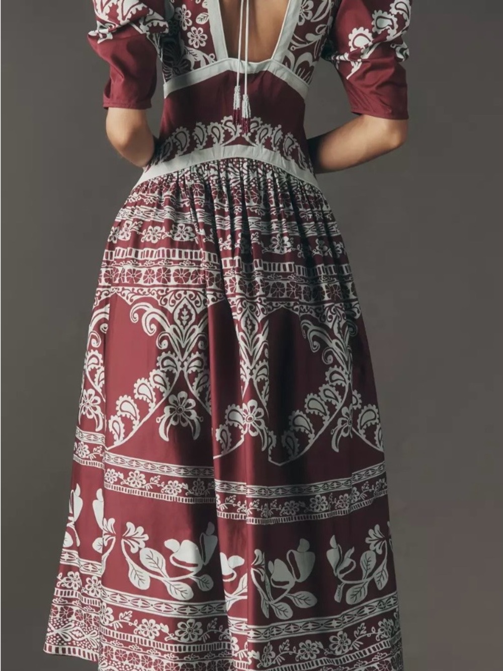 FARM Rio X Anthropologie Burgundy and Blue V-Neck Puff-Sleeve Midi/Maxi Dress - Picture 4 of 16